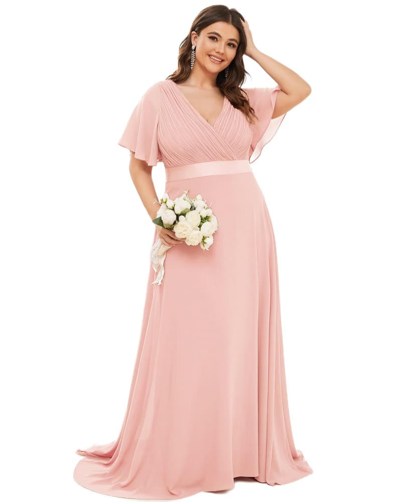 Front of a model wearing a size 16 Long Chiffon Empire Waist Bridesmaid Dress with Short Flutter Sleeves in Pink by Ever-Pretty. | dia_product_style_image_id:329517